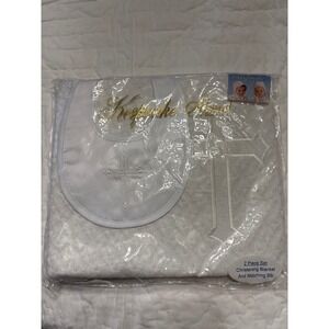 New Keepsake Christening Blanket & Matching Bib 2 Pc Set White Cross Embroidered